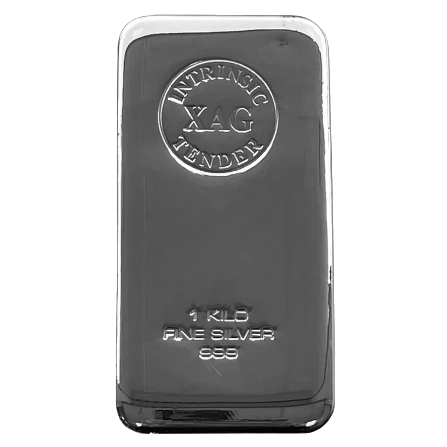 One kilogram fine silver cast bar, illustrating the difference between bullion bars, coins and rounds