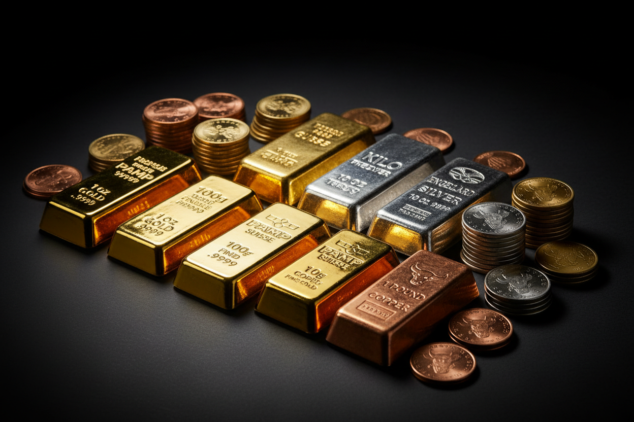 Physical gold, silver and copper bullion bars and coins arranged on a dark surface - Pure Bullion NZ